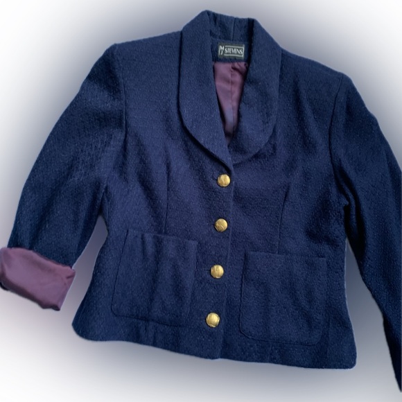 MJ STEVENS Navy acrylic Blazer with gold buttons, lined, size 12 - Picture 2 of 11